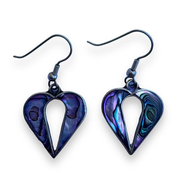 Vintage Silver Plated Heart Earrings Abalone Shell Alpaca Mexico - Picture 1 of 3